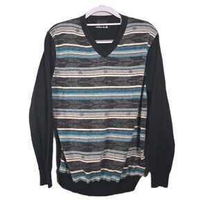 Paul Smith Sweater Mens Large Jumper Black Gray Aqua Fair Isle Stripes V-Neck